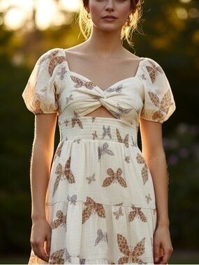 American Eagle Outfitters Cream Butterfly Print Mini Dress